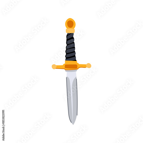 Sharp iron dagger with a stylized blade, golden hilt, and wrapped black grip, emphasizing themes of danger, fantasy, and medieval warfare on a clean white background