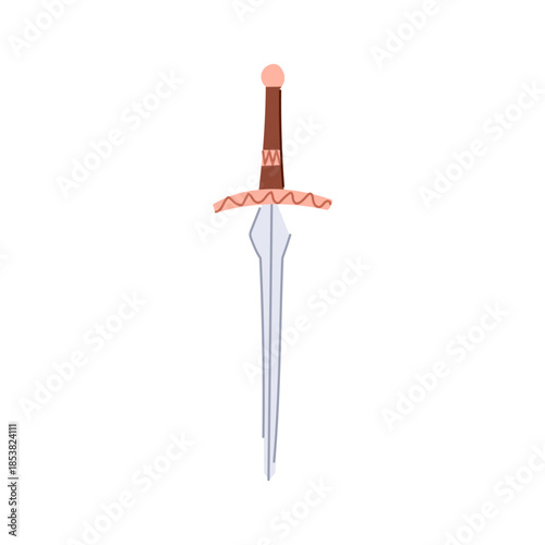 Long pointed dagger with decorated hilt and crossguard, medieval fantasy weapon illustration evoking knights, battles, adventure, ancient warfare and legendary combat on white background