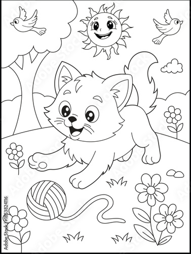Cute kitten character playing with a ball of yarn in a sunny garden with a smiling sun, birds, and flowers coloring page for kids. Happy animal cartoon character for children