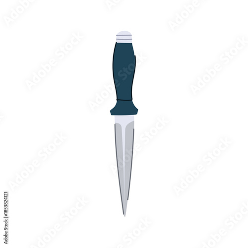 Stylized flat illustration of a sharp dagger with a dark handle and steel blade on white background, symbolizing weaponry, danger, crime, or medieval and fantasy themes
