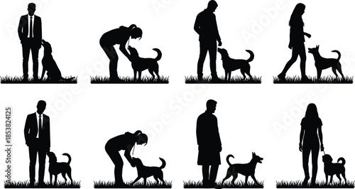 Dog interaction silhouette set, people with pets, leash walking, petting poses, black vector illustration, outdoor bonding, grass patch design, companionship