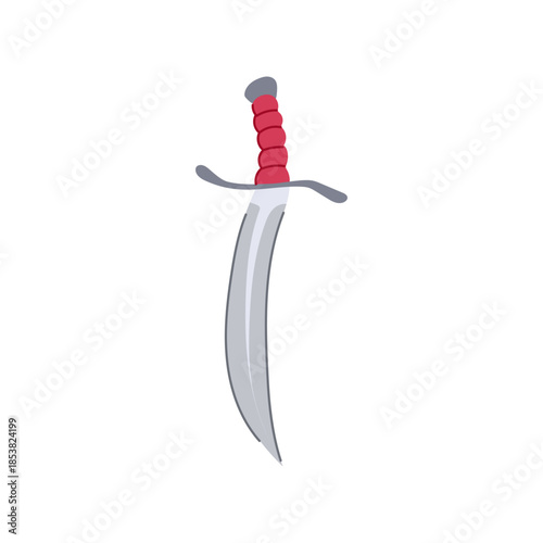 Pointing curved metal blade with red hilt and grey pommel on white background, vector illustration symbolizing adventure, combat, historical weapon, pirate or fantasy weaponry