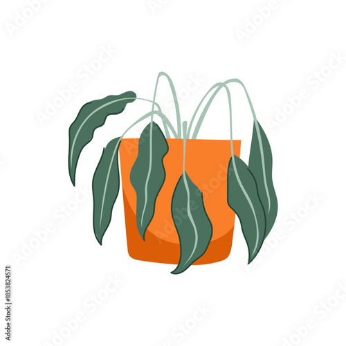 Dying houseplant with wilted green leaves drooping from an orange pot, flat vector illustration symbolizing neglect, poor plant care, drought and indoor plant failure