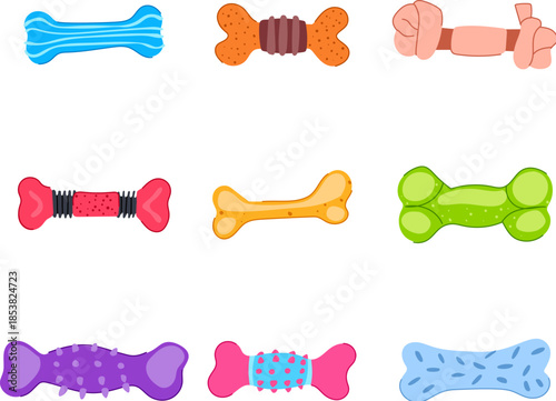 Collection of nine colorful cartoon dog bone toys in different shapes and textures arranged in a grid on a white background, representing playful pet accessories and chew designs