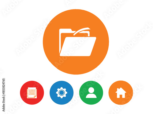 Orange circle with a white folder icon and other colorful icons