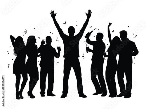 Celebrating friends raising hands in joyful silhouette with confetti falling