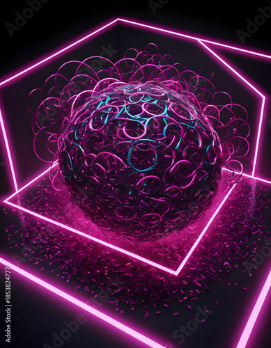 Futuristic Neon Sphere with Glowing Pink and Blue Rings in Dark Space