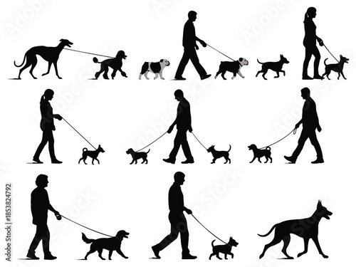 Silhouettes of people walking their canine companions in varied arrangements