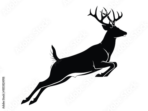 Majestic stag leaping forward in a dynamic black silhouette illustration