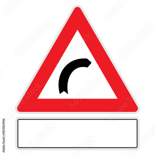 Right curve warning icon road sign indicating sharp turn ahead, traffic safety symbol with empty plate