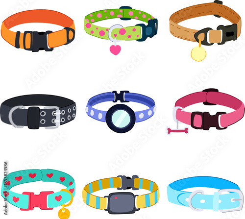 Assortment of colorful pet collars, including various styles, buckles, and identification tags, all arranged on a clean white background, representing pet care and accessories