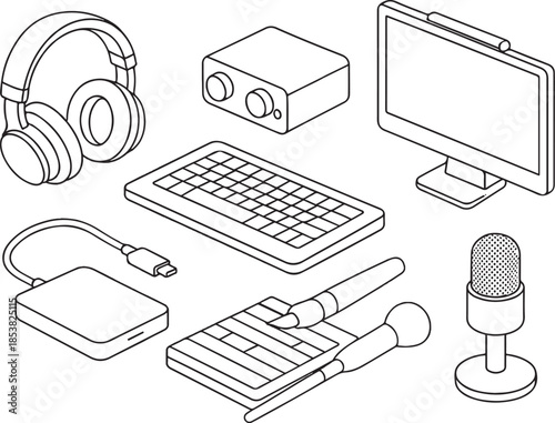 Motion designer desk tools 3d line art vector set.eps
