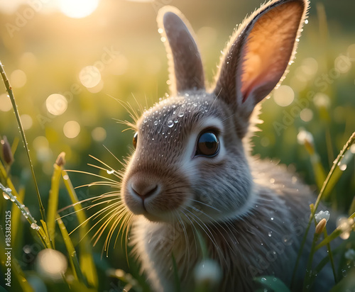 Close-up of a Rabbit with Dew Drops in Morning Sunlight in Nature