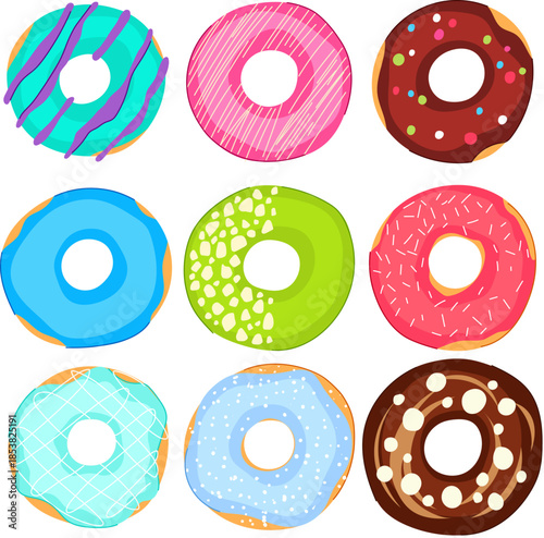 Collection of sweet, colorful glazed donuts with different frostings and decorative sprinkles, creating a vibrant and appealing pattern representing sugary treats and dessert variety