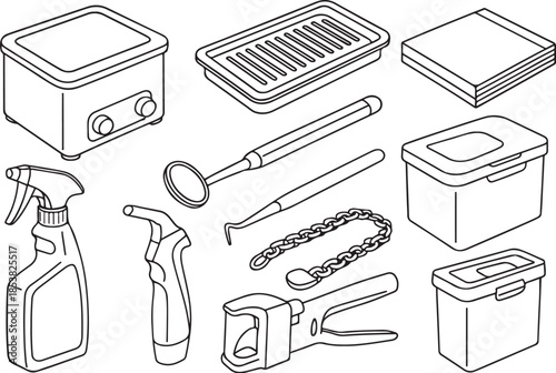 Cleaning & Sterilization Daily Set Dental Clinic Tools 3D Line Art.eps