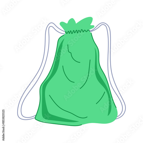Green drawstring sack with subtle shading and two long straps on a white background, minimalist vector style gym or travel bag ideal for casual, reusable everyday carry and sports gear