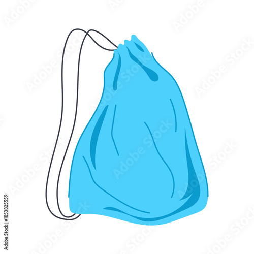 Blue drawstring sack with black string, providing a simple and versatile solution for carrying personal belongings or gym essentials, presented as a clear vector illustration on a white background
