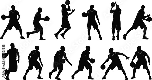 Basketball player silhouettes set with diverse athletes dribbling, shooting, and jumping, sports action collection isolated on white background for design,