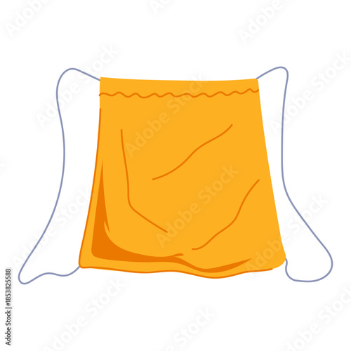 Orange drawstring sack, flat minimalist vector illustration of an open, empty fabric pouch with visible strings on white background, eco friendly reusable packaging icon
