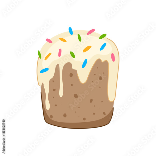 Traditional easter sweet cake illustration featuring light brown texture, white dripping icing, and vibrant multicolored sprinkles, symbolizing celebration and holiday treats