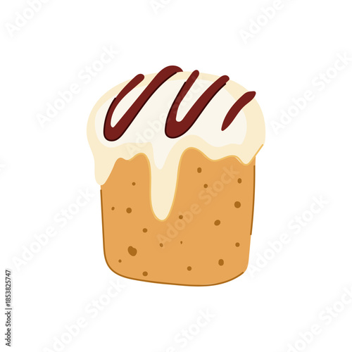 Easter cake with white icing dripping down the sides and chocolate syrup stripes on top, festive spring dessert illustration on white background, stylized bakery treat icon
