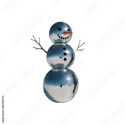 A shiny disco ball snowman stands alone in a winter landscape viewed from the front