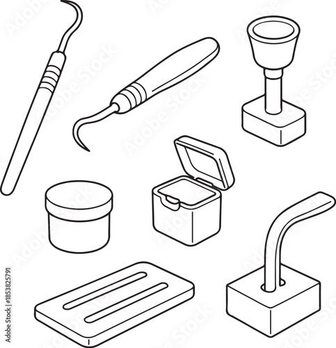 Dental Hygiene Appointment Essentials Line Art Tools Set.eps