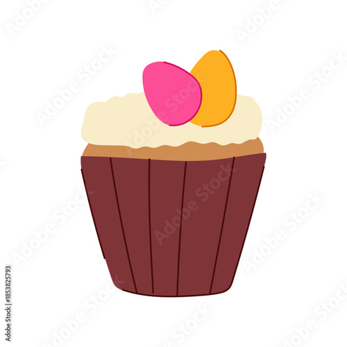 Cupcake presenting a rich brown wrapper, light brown cake, creamy white frosting, and two vibrant egg shaped candies, illustrating the festive spirit of easter celebrations