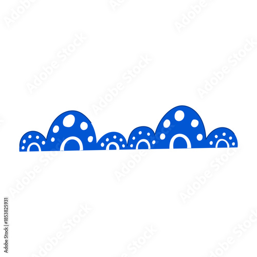 Blue organic shapes forming a decorative border pattern with white dots and semicircles, creating a playful, abstract design element for various graphic uses
