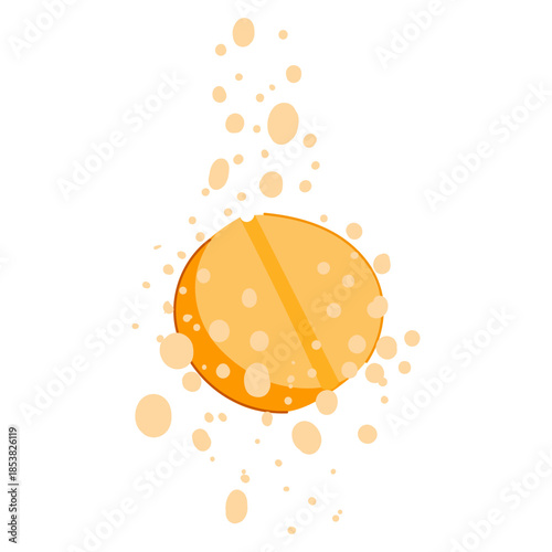Effervescent tablet, orange and round, dissolving or reacting in liquid with many small and large bubbles floating upwards, illustrating health, medicine, and scientific processes