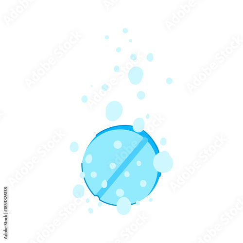 Effervescent blue tablet dissolving in water creating small bubbles, symbolizing quick relief, health, and a chemical reaction for medicine or vitamins