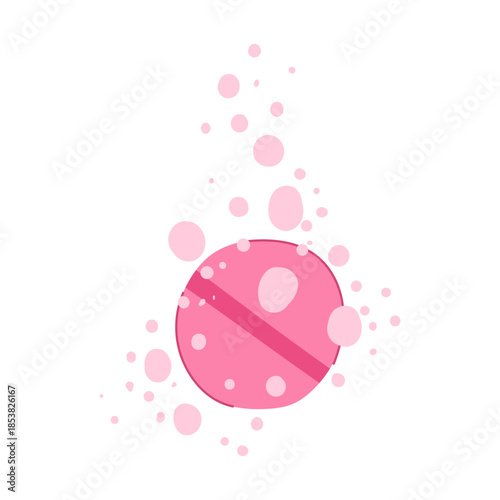 Pink round tablet effervescing and creating moving circular bubbles, representing concepts of medicine, healing, health, carbonation, vitamins, and fast acting relief on a clean white background
