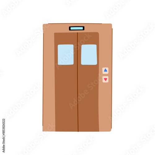 Brown elevator doors with light blue display and call buttons symbolizing concepts of progress, development, level changing, and decision making in business and daily life