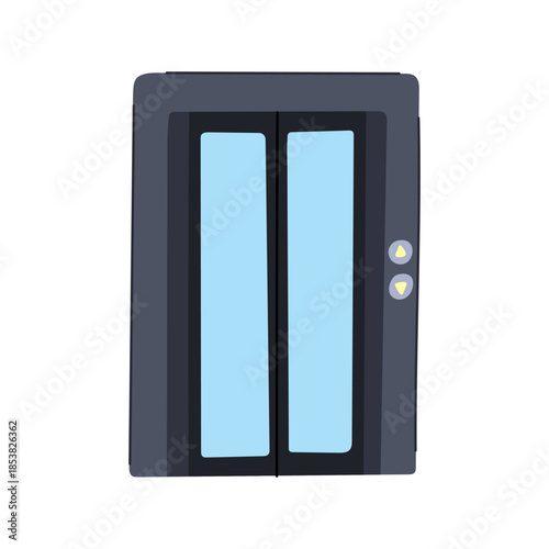 Modern elevator doors featuring transparent light blue glass panels, indicating the entry and exit point for vertical transportation in a building, complete with up and down arrow buttons