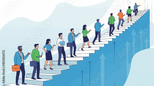 Diverse group of professionals ascending a blue staircase symbolizing career growth and success.