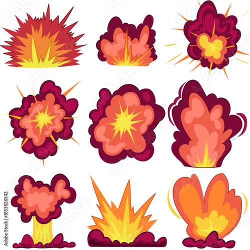 Stylized cartoon explosion and smoke icon set featuring varied fireball bursts, bangs and booms in bright red, orange and yellow for ui, games, animation and graphic design