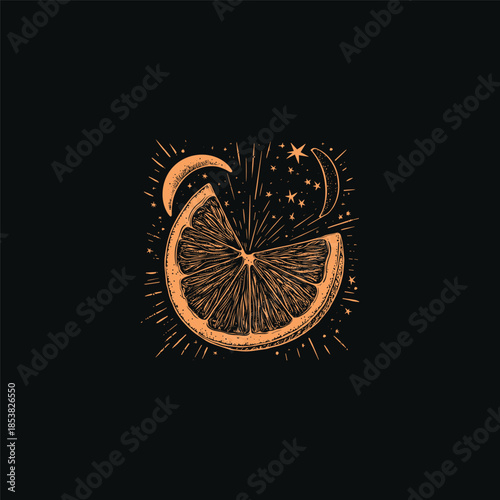 Vintage hand-drawn illustration of a half-sliced lemon or orange, depicted as a celestial body with a crescent moon rising above it