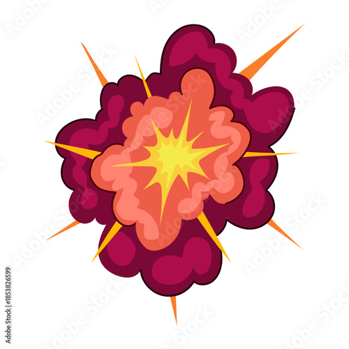 Stylized cartoon explosion creating a dynamic burst of yellow light, orange flames, and dark red smoke, illustrating dramatic impact and energetic power