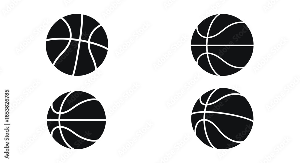 Obraz premium Four black silhouettes of basketballs shown from different angles and perspectives with white lines on a white background.