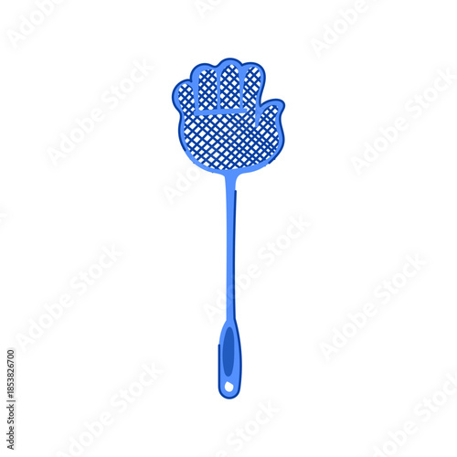 Blue plastic fly swatter with hand shaped grid head and handle, household pest control tool on white background for kitchen, hygiene, and summer insect defense