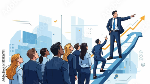 Business leader guiding team up upward trending arrow graph.