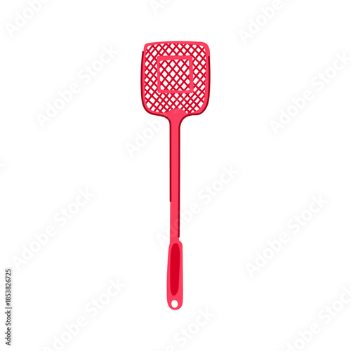 Red plastic fly swatter for effective home pest control, protecting indoor and outdoor spaces from flying insects, flat square head, long handle, clean white studio background