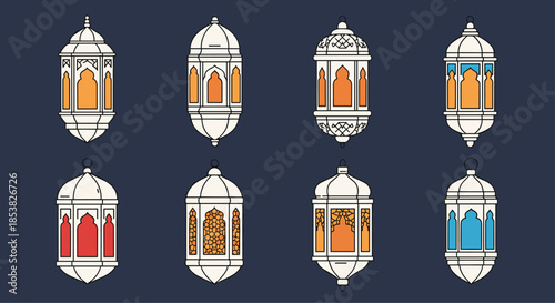 Set of eight decorative traditional Ramadan lanterns with colorful glass panels and intricate patterns on a dark blue background.