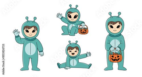 Group of four babies in different poses wearing turquoise alien costumes and holding pumpkin shaped candy buckets.