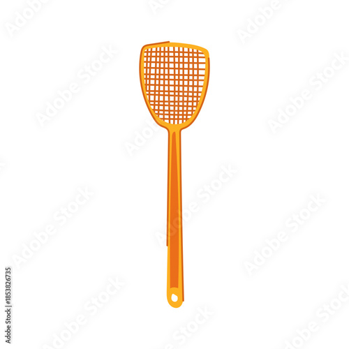 Orange plastic fly swatter with perforated paddle and long handle for household pest control, simple flat vector style cutout on white background for home hygiene and extermination