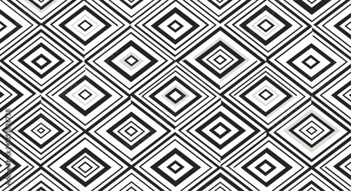 Abstract geometric pattern featuring repeating black and white diamond shapes with varying thickness of parallel lines.