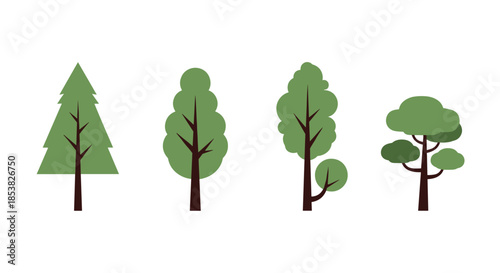 Four different types of stylized green trees with dark brown trunks presented in a clean and flat minimalist design.