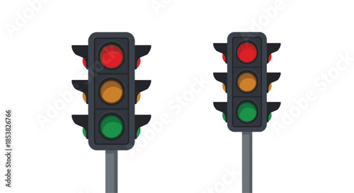 Two vertical traffic lights showing red and green signals for road safety, traffic control management, and navigation.