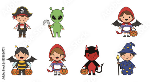 Set of eight diverse children in Halloween costumes including a pirate, alien, bee, and little red riding hood character.
