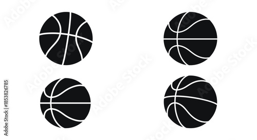 Four black silhouettes of basketballs shown from different angles and perspectives with white lines on a white background.